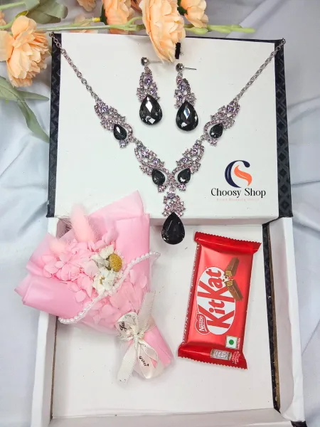 Vintage Crystal Necklace Earrings Set with Flower & Kitkat